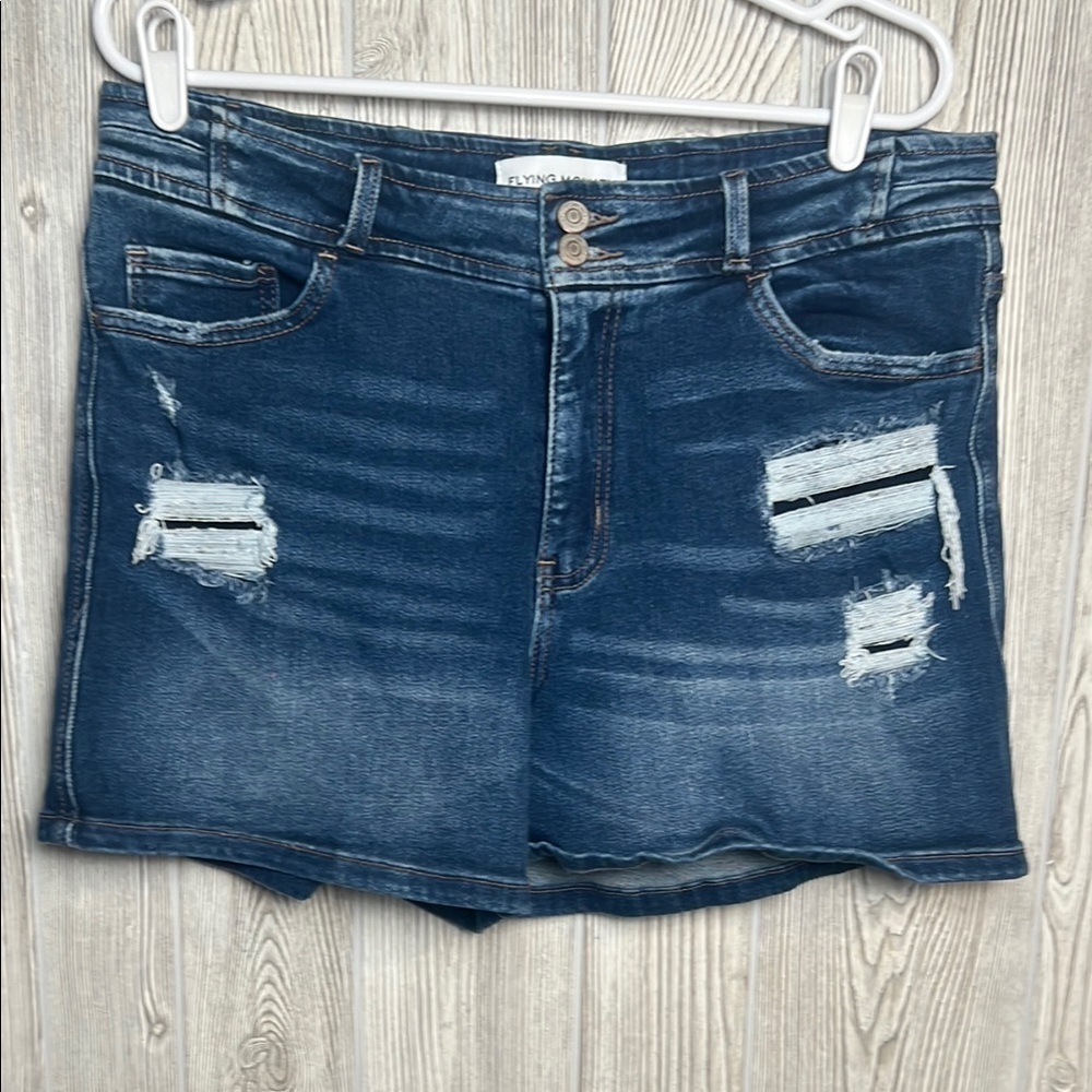 Flying Monkey Blue Denim Shorts High Rise Dark Wash Distressed Size 32